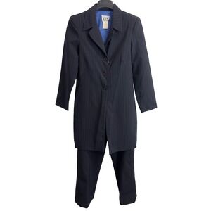 DBY Ltd Vintage Womens Pinstripe Longline Blazer and Pants Suit Set Navy Blue 7